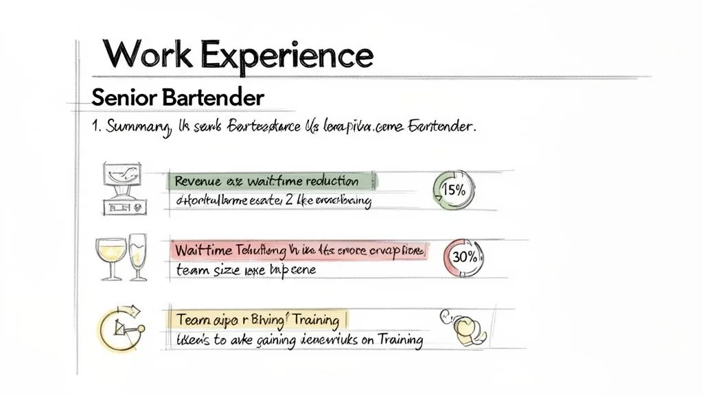 A resume section for a Senior Bartender detailing work experience, achievements in revenue, wait time reduction, and team training.