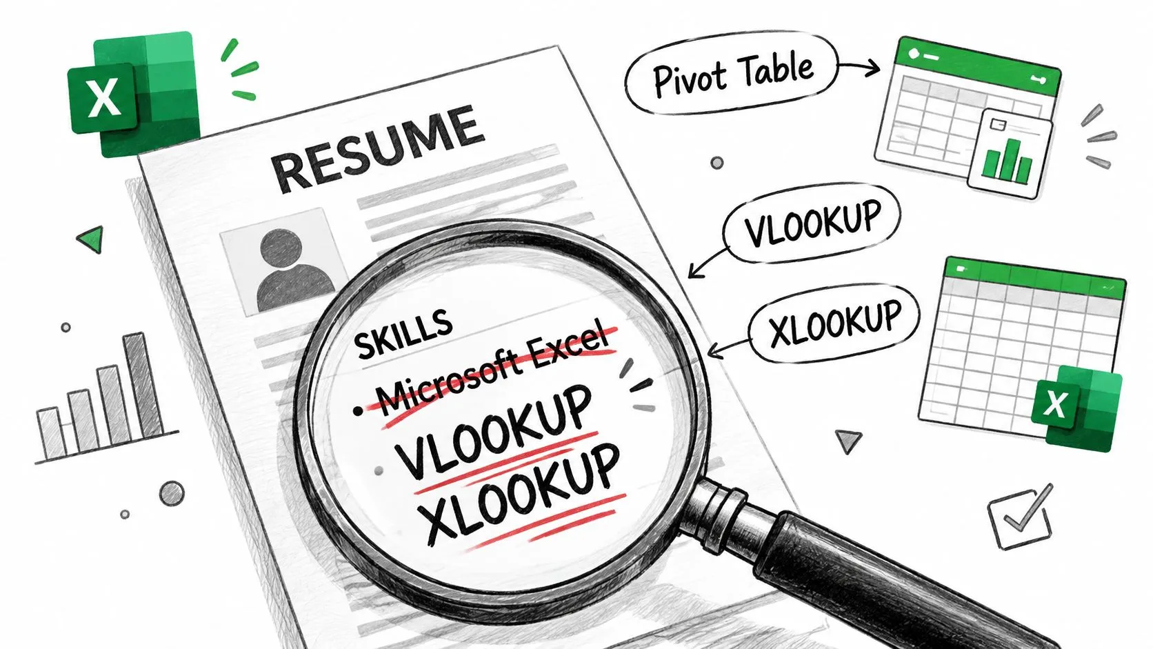 A magnifying glass inspecting resume skills such as Microsoft Excel, VLOOKUP, XLOOKUP, and Pivot Table features.