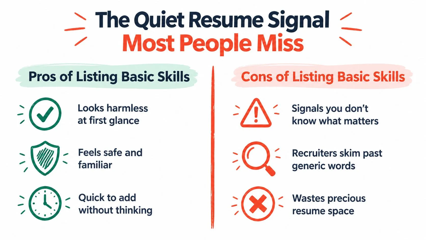 An infographic comparing the pros and cons of listing basic skills on a professional resume.