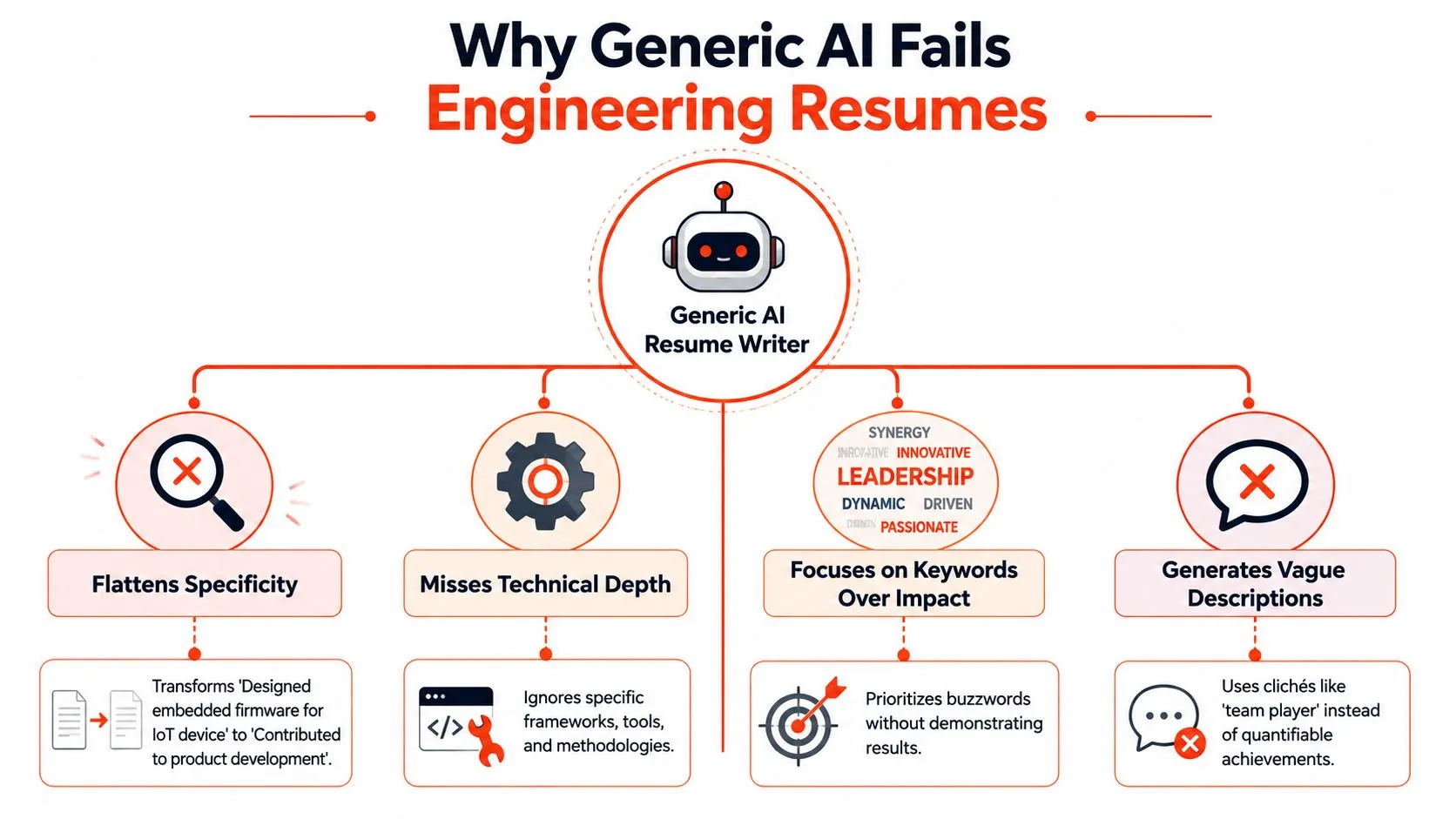 A diagram explaining why generic AI tools often fail to write effective engineering resumes by oversimplifying technical content.
