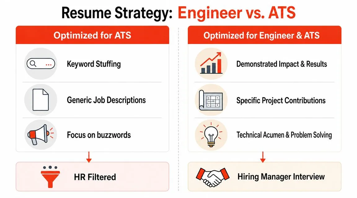 A comparison chart showing how to optimize engineering resumes for both ATS systems and hiring managers.
