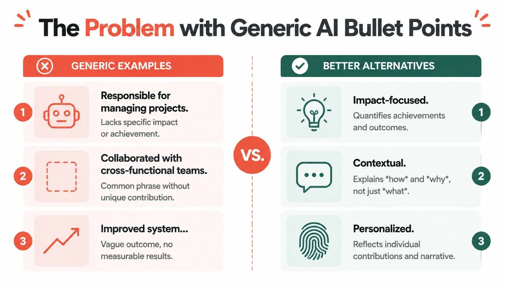 A diagram comparing AI resume builders, which use templates, versus AI resume writers, which use conversational interviews.