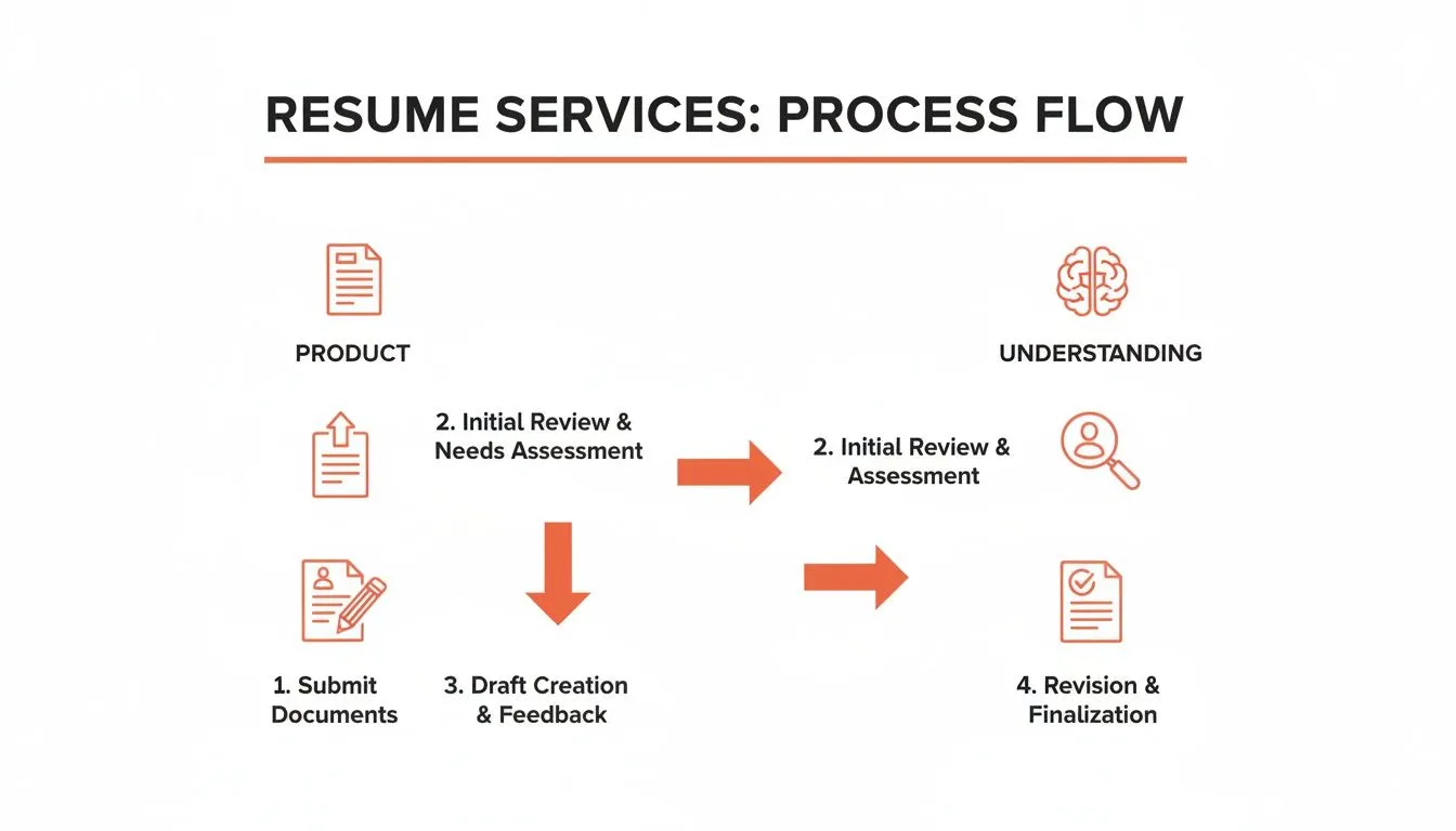 A detailed process flow diagram for resume services, showing steps from document submission to finalization.