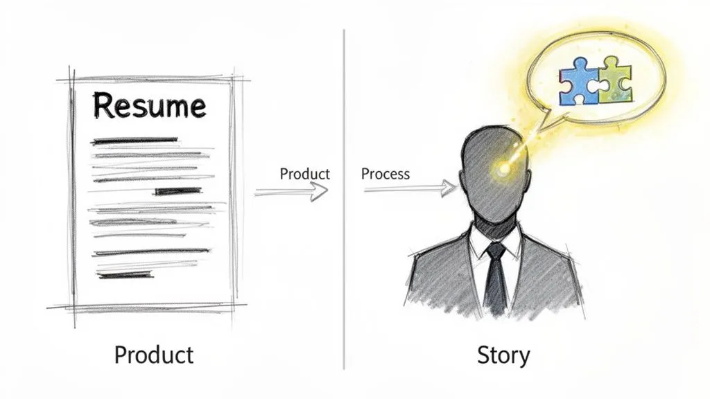 Illustration of a resume (product) transforming through a process into a person's story with puzzle pieces.