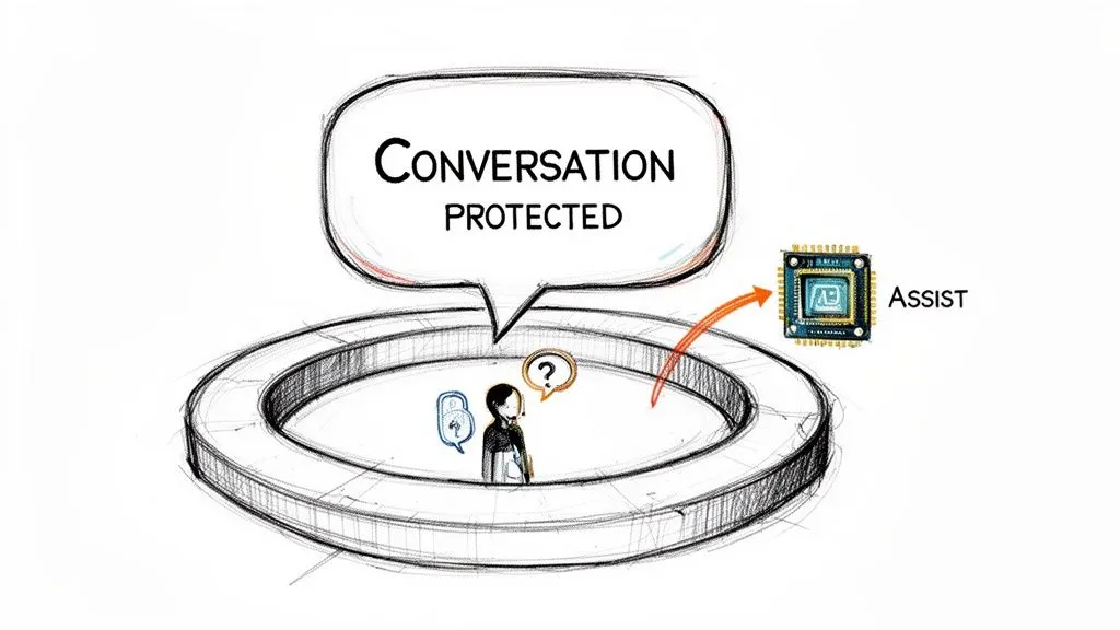 An illustration depicting a protected conversation environment with a user seeking AI assistance.