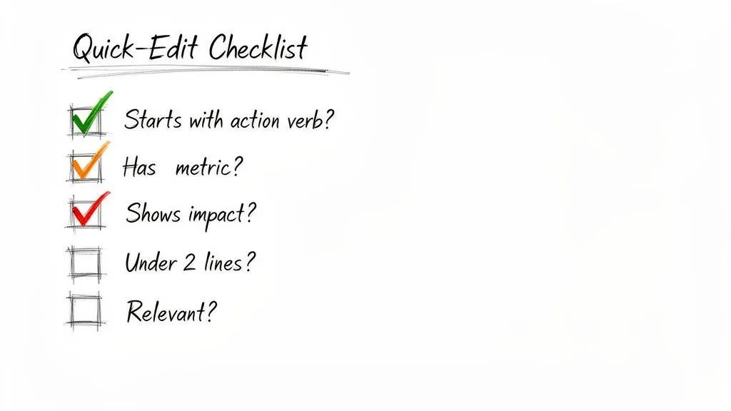 A Quick-Edit Checklist with three items checked: 'Starts with action verb?', 'Has metric?', and 'Shows impact?'.