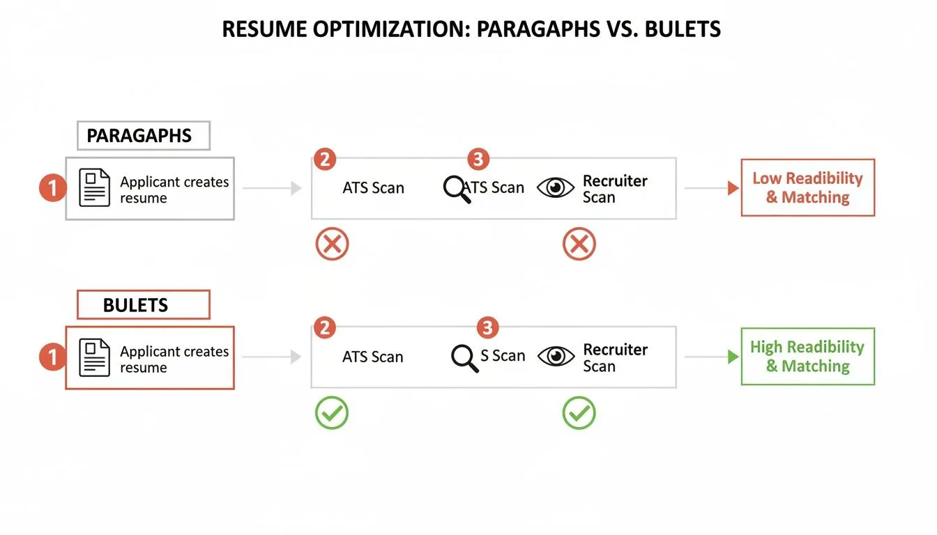 Resume optimization flowchart: bullet points enhance ATS and recruiter scans, improving readability and matching over paragraphs.