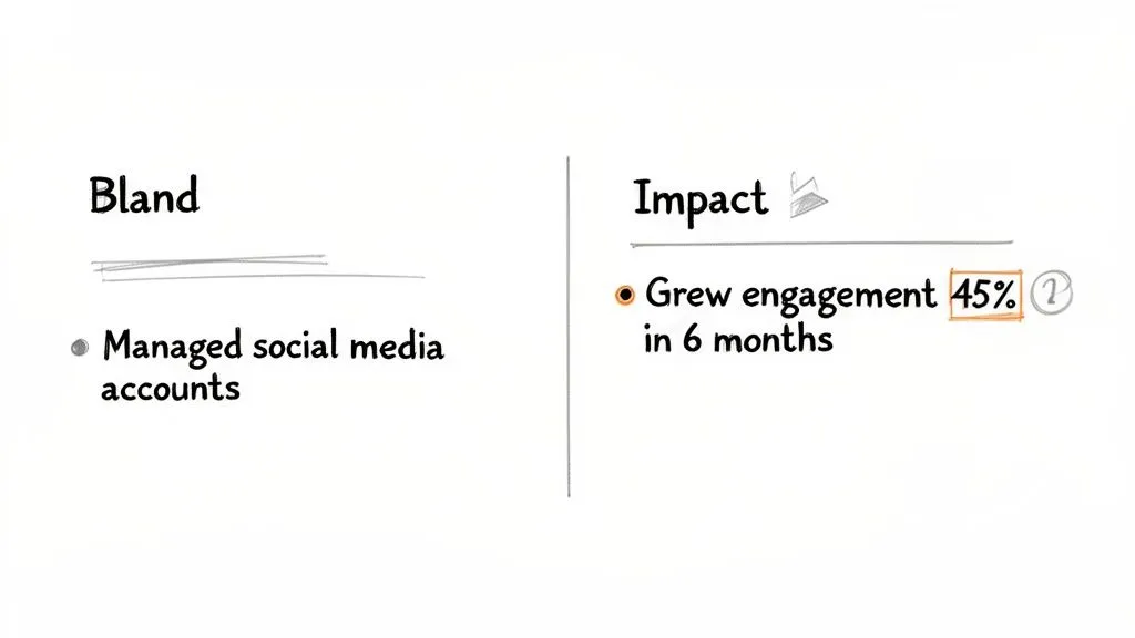 A visual comparison demonstrating how to turn bland resume bullet points into impactful, measurable statements.