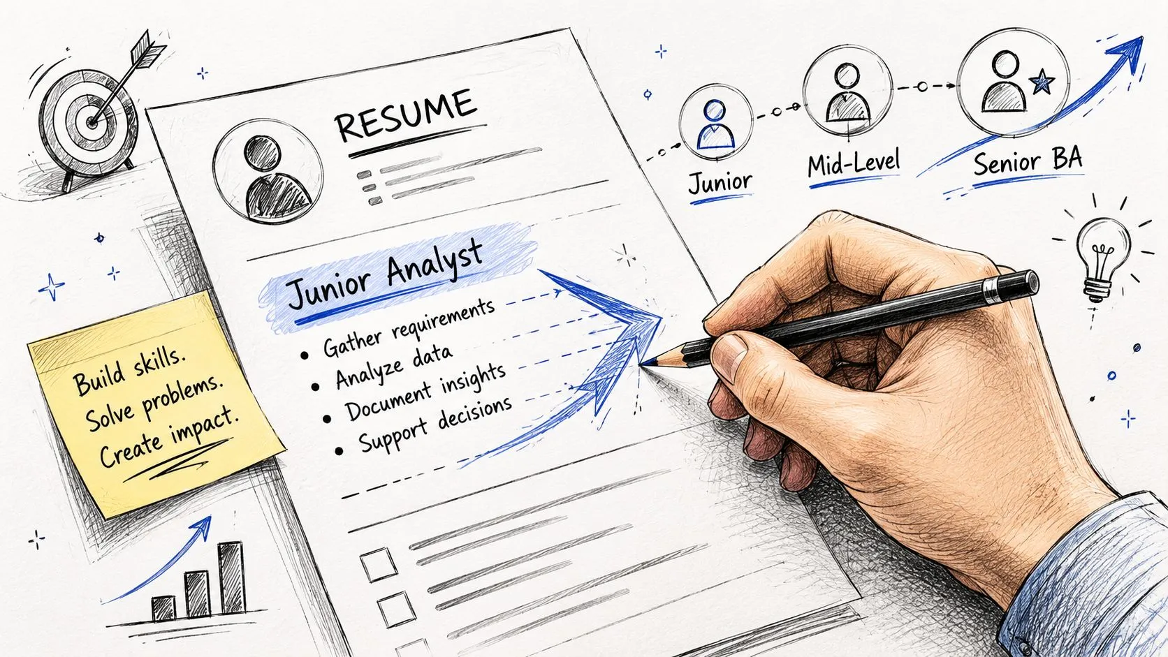 A hand drawing a resume sketch detailing the role of a junior analyst with upward career progression.