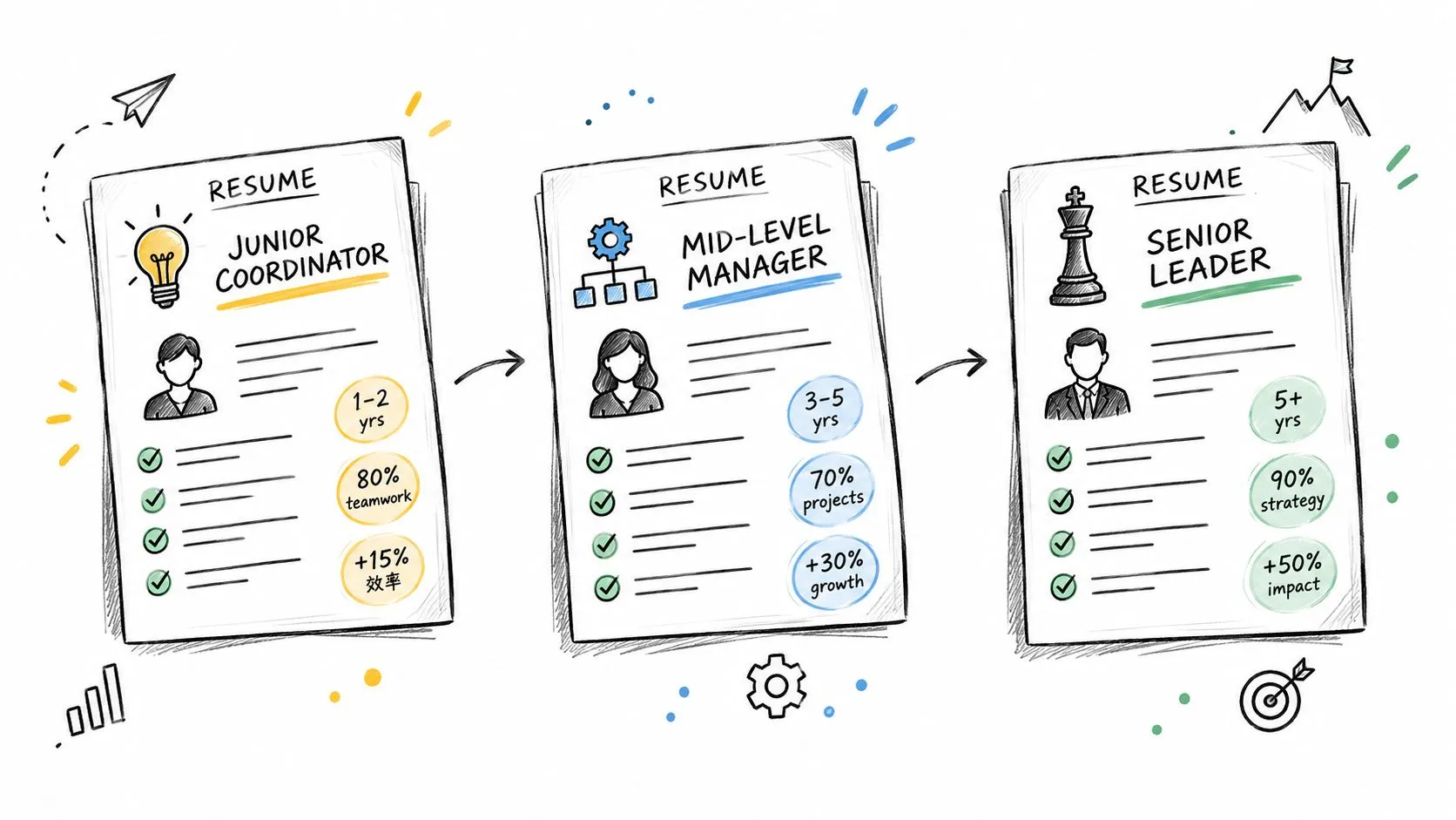 A diagram illustrating career growth from Junior Coordinator to Mid-Level Manager and finally Senior Leader.