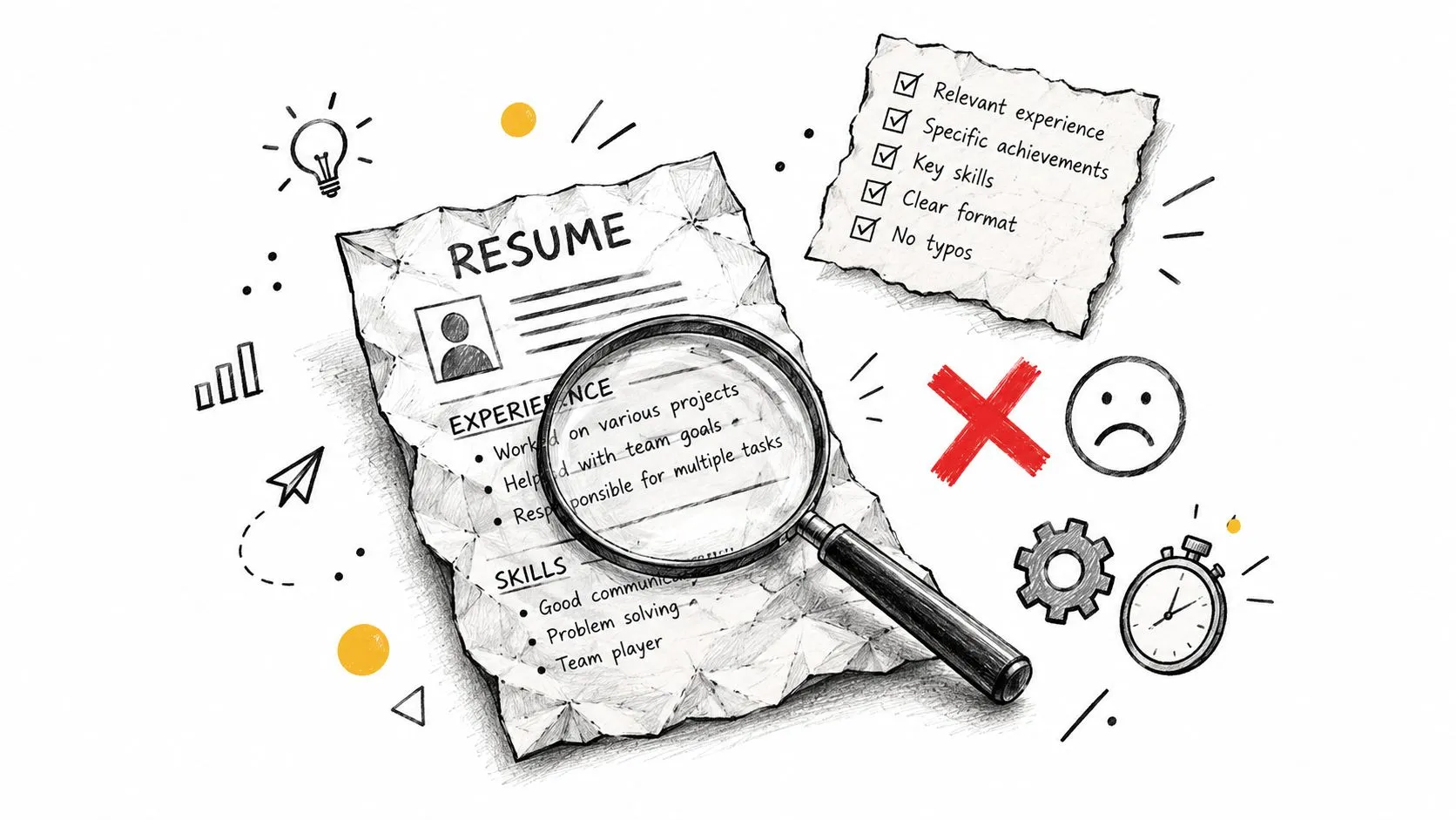 A pencil sketch of a crumpled resume being examined with a magnifying glass for professional quality.