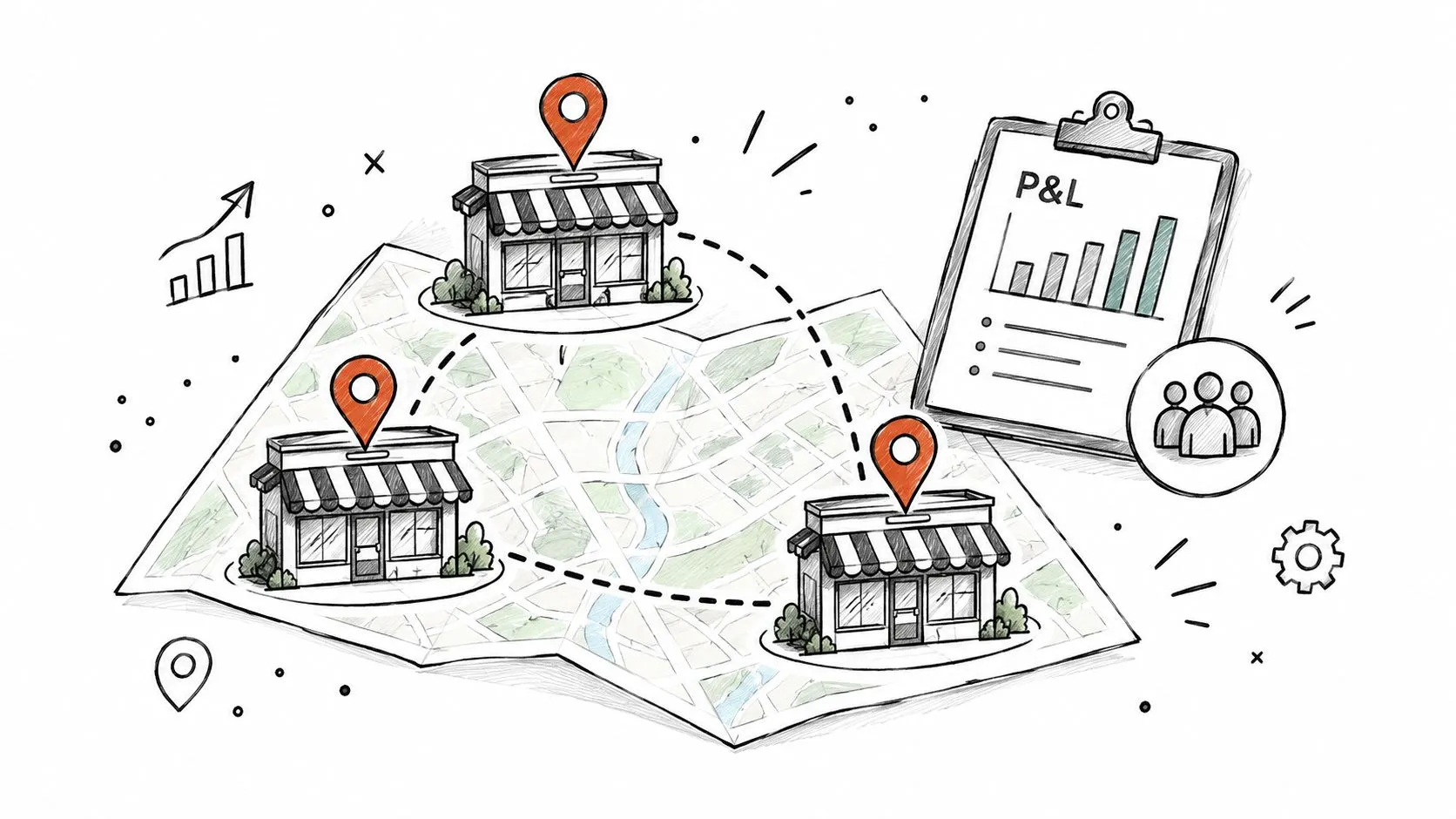 A hand-drawn illustration showing business locations on a map with a profit and loss report.