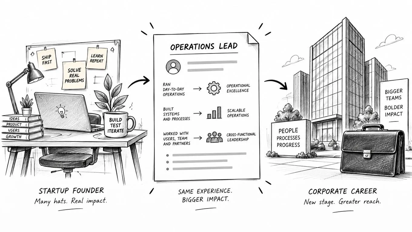 A hand-drawn illustration depicting the career transition from startup founder to corporate operations lead.
