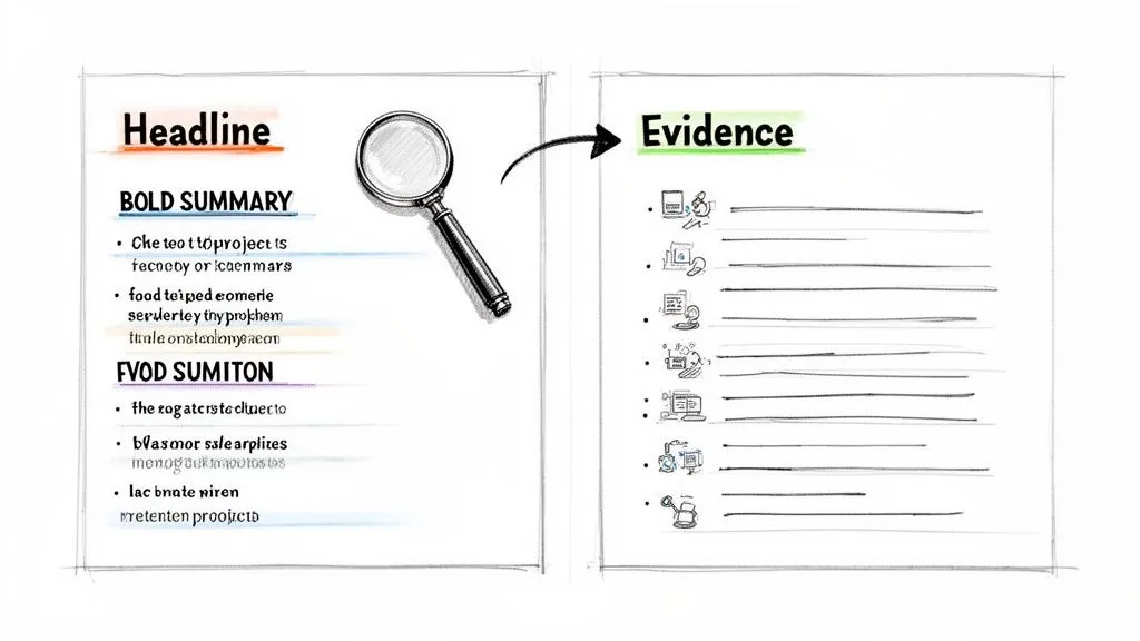 A diagram illustrates the process of summarizing information into a headline and finding supporting evidence.