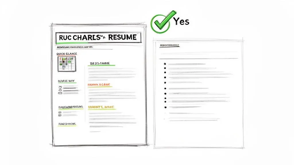 Hand-drawn sketches of a two-page resume layout with a green 'Yes' checkmark.