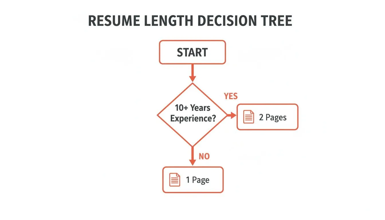 A resume length decision tree flowchart explaining when to use a 1-page or 2-page resume based on experience.