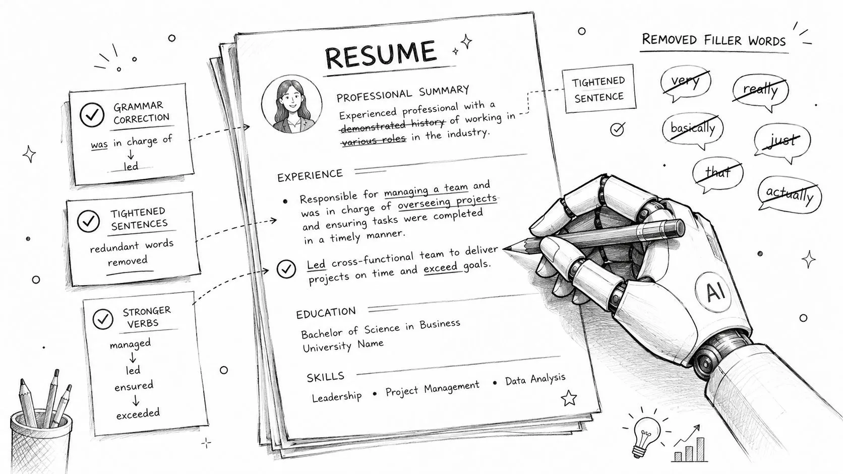 A robotic hand using a pencil to edit a resume, highlighting improvements in grammar, word choice, and phrasing.