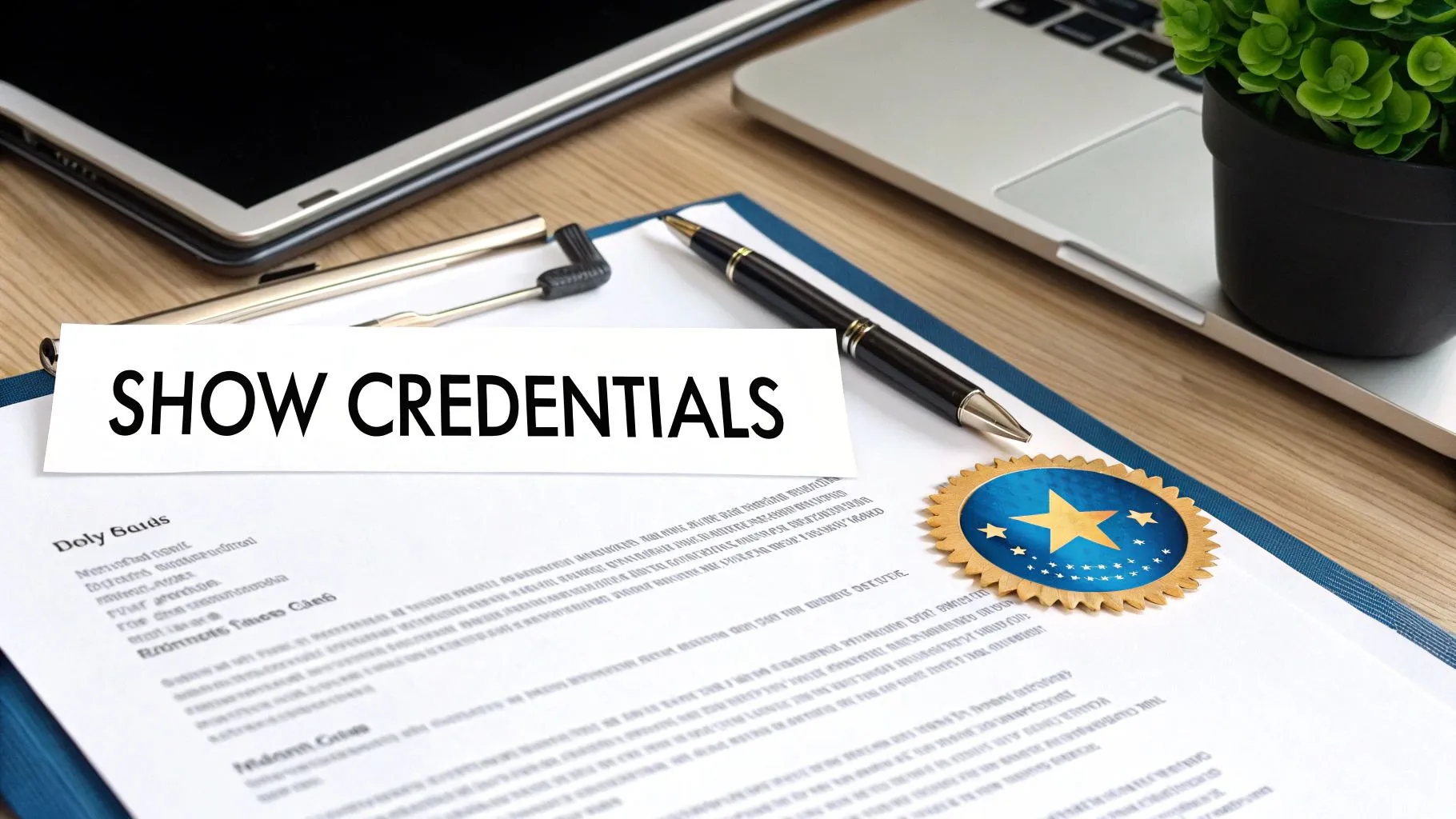 A 'Show Credentials' note on a document, next to a pen, laptop, and a star-emblazoned seal.