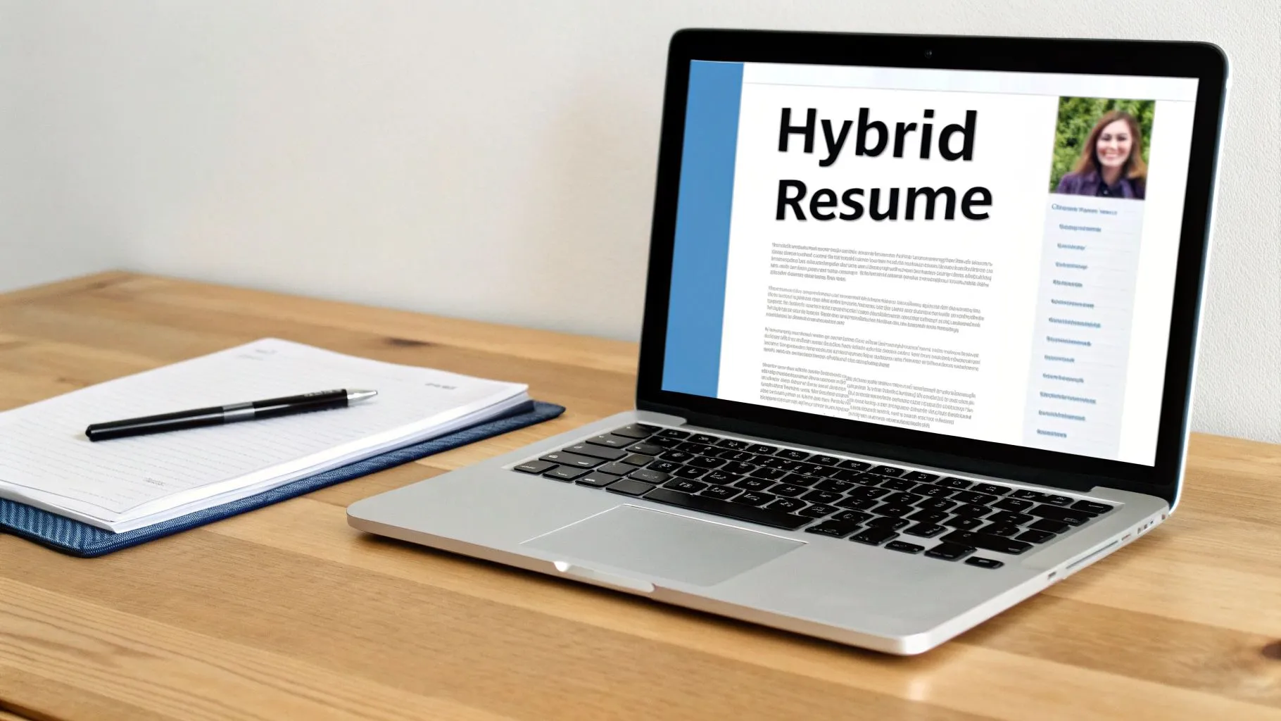 A laptop displays a 'Hybrid Resume' with a professional photo, next to a notebook and pen on a wooden desk.