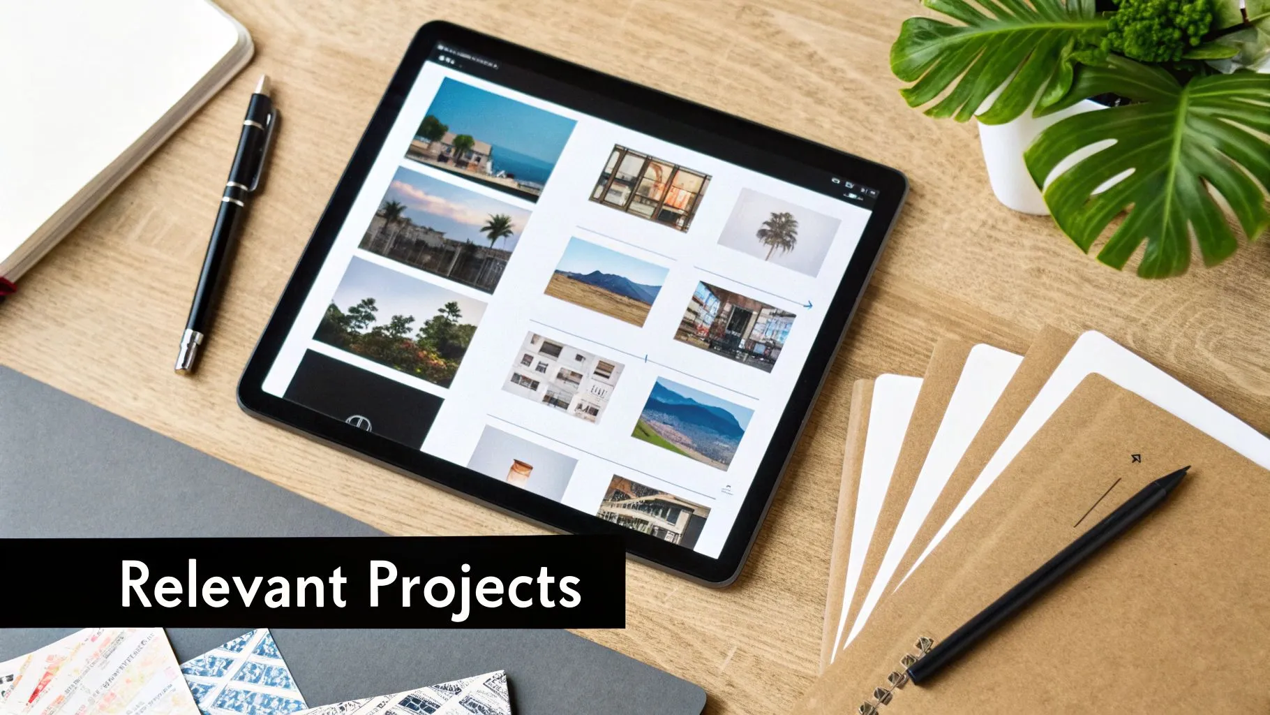 Overhead shot of a wooden desk with a tablet displaying various projects, a pen, notebooks, and a plant.