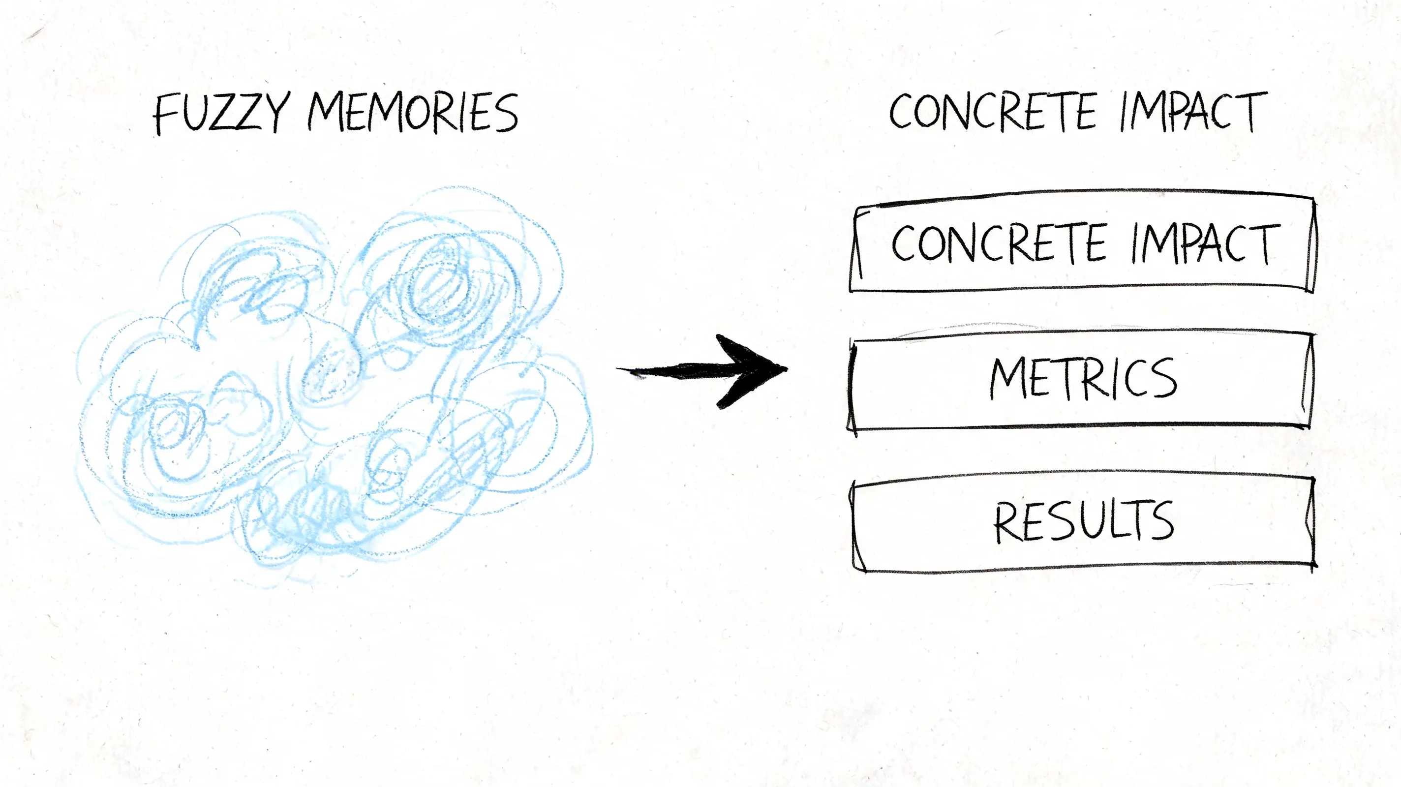 A diagram illustrating the transformation from fuzzy memories into concrete impact, metrics, and results for career reflection.