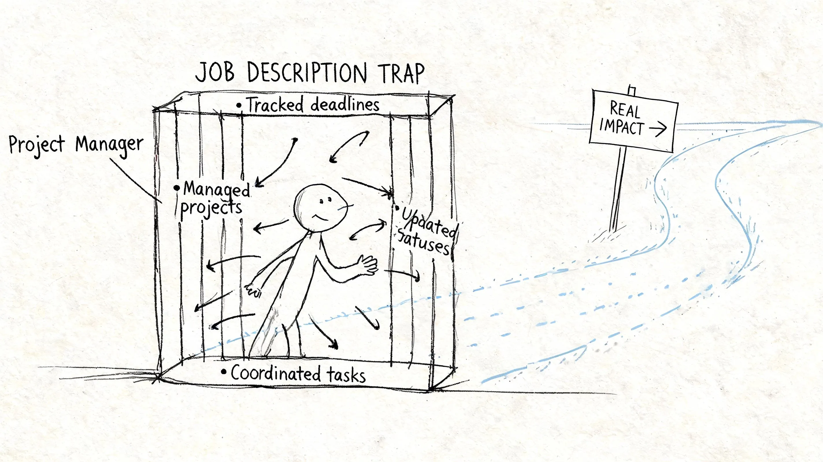 A hand-drawn illustration showing a project manager trapped in a cage of daily administrative tasks.