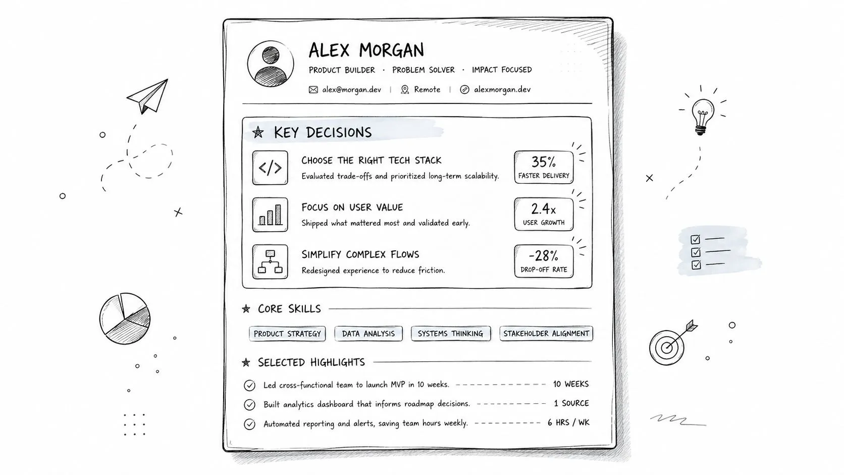 A hand-drawn infographic resume for Alex Morgan, a product builder showcasing professional skills and career highlights.