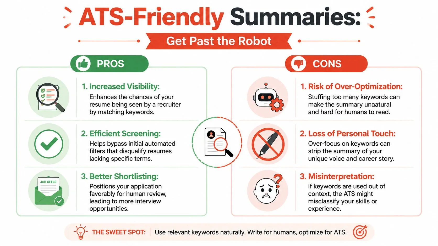 An infographic titled ATS-Friendly Summaries showing the pros and cons of resume keyword optimization techniques.