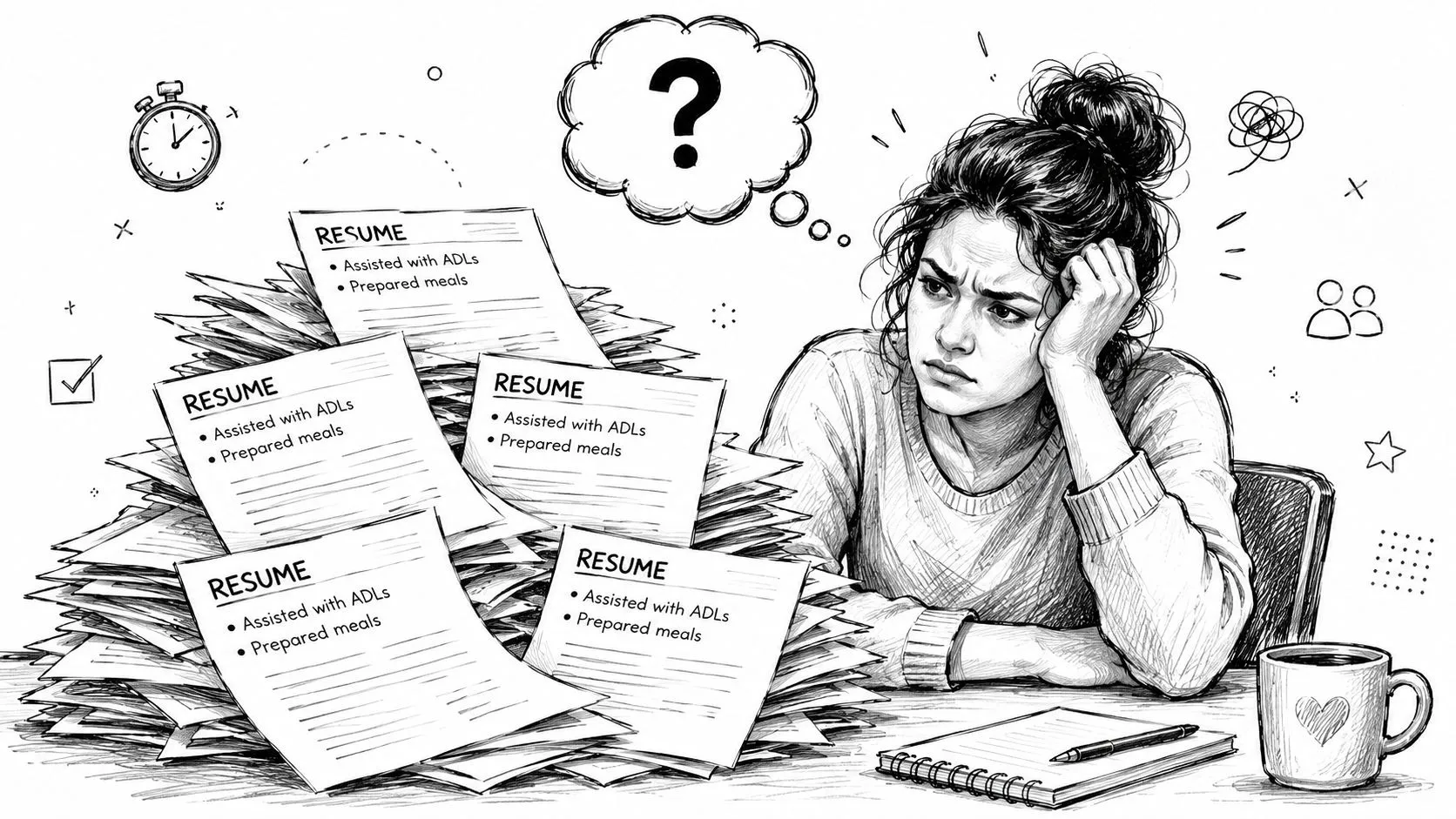 A stressed woman looking at a large stack of resumes featuring repetitive caregiver duties and experience.