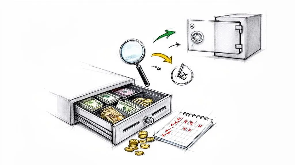 Detailed sketch of a cash drawer with money, a safe, magnifying glass, and financial planning elements.