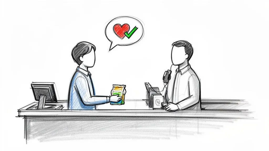 An illustration of a customer handing a product to a cashier, with a thought bubble showing a heart and checkmark, indicating satisfaction.