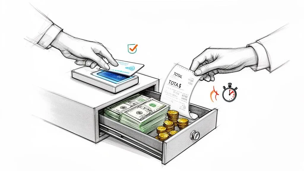Illustration of hands making a contactless payment, a cash drawer with money, and a receipt.