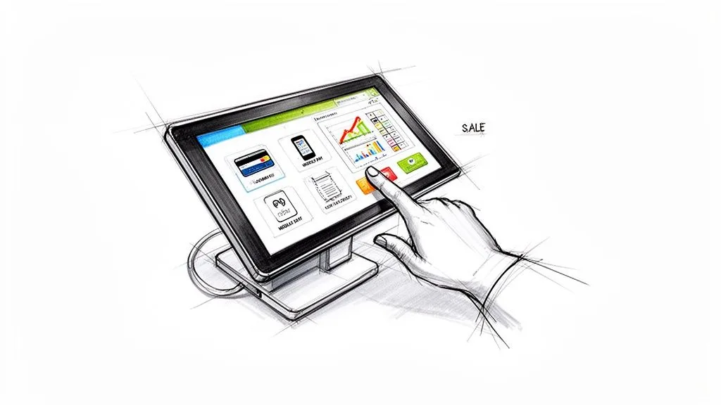Sketch of a modern point-of-sale (POS) tablet system with a hand interacting with business applications.