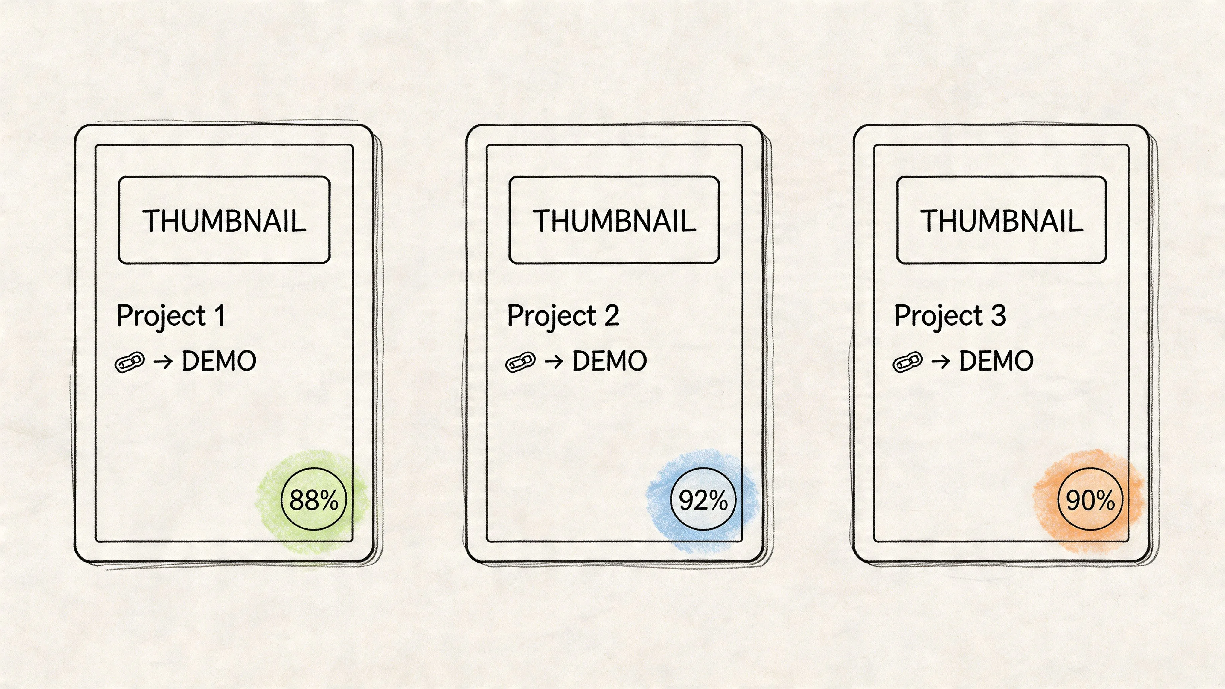 Three project showcase cards with thumbnails, project titles, demo links, and percentage progress indicators on a light background.