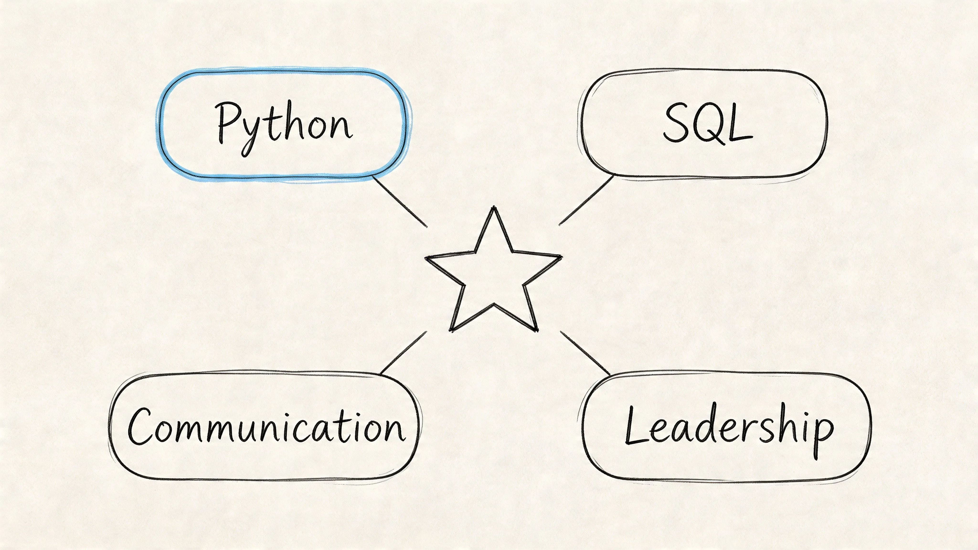 A hand-drawn style diagram showing a central star connected to Python, SQL, Communication, and Leadership labels.