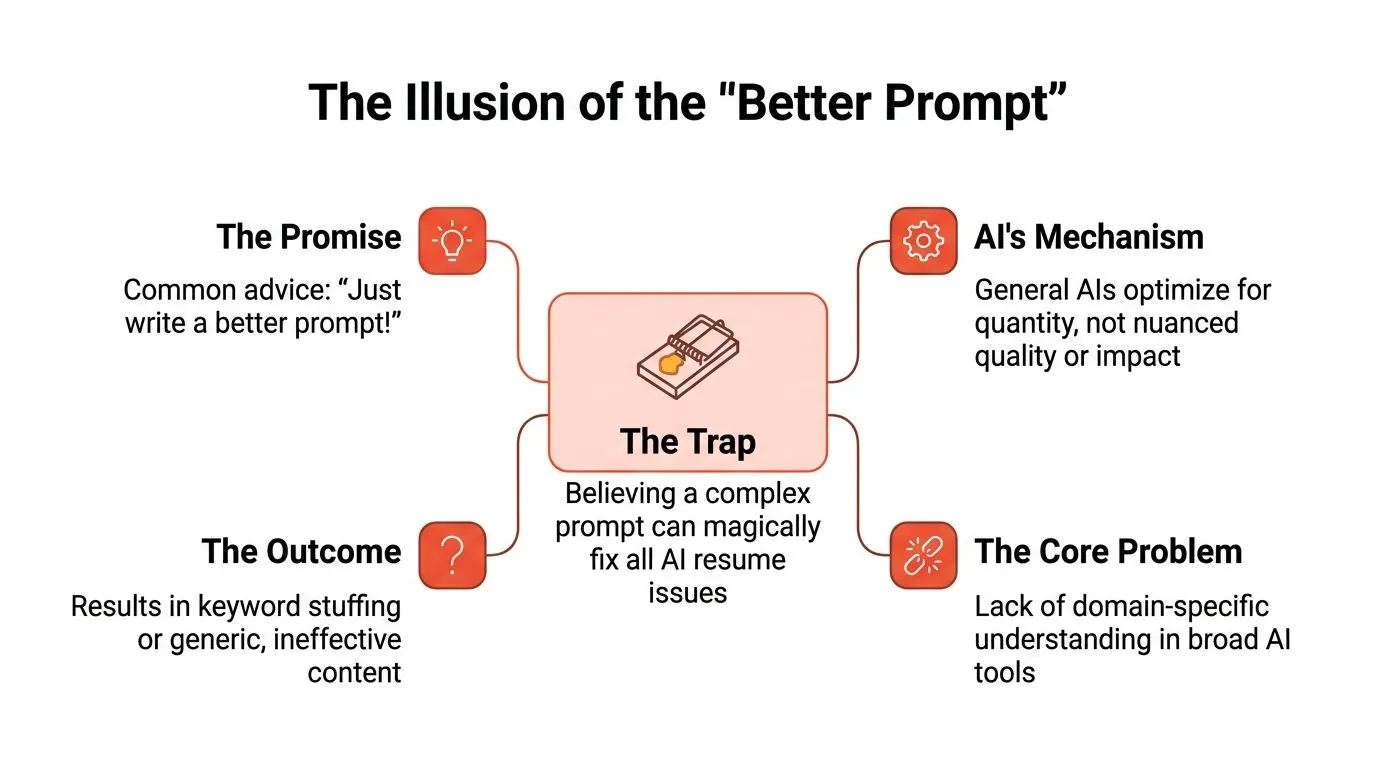 A diagram illustrating why relying on complex AI prompts to fix resume issues is a trap.