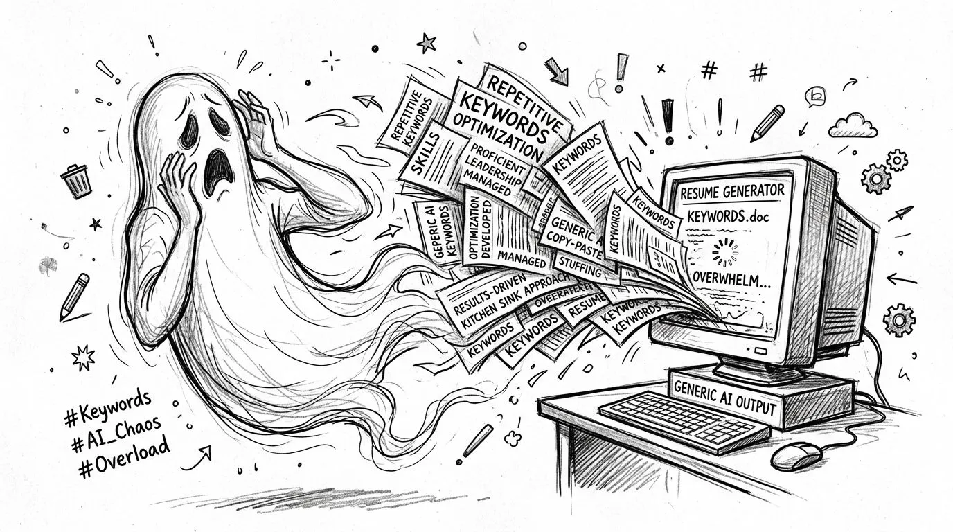 A sketched illustration of a ghost overwhelmed by a computer generating excessive repetitive resume keywords.