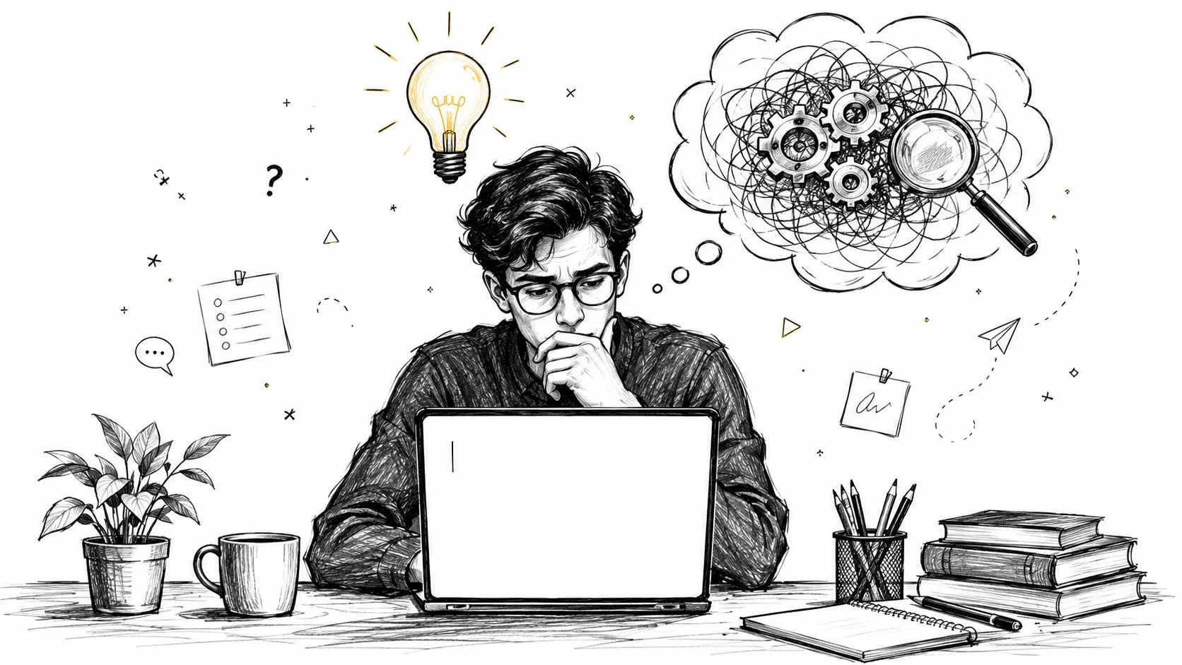 A man in glasses sitting at a desk with a laptop, thinking deeply about complex problem solving.