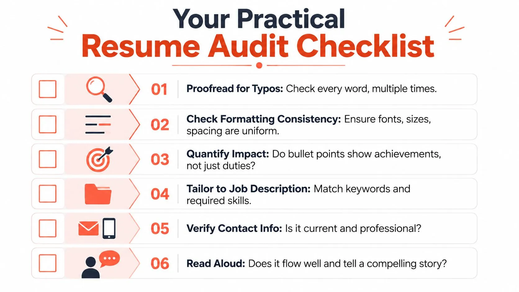 A checklist graphic titled Your Practical Resume Audit Checklist with six numbered professional resume optimization tips.