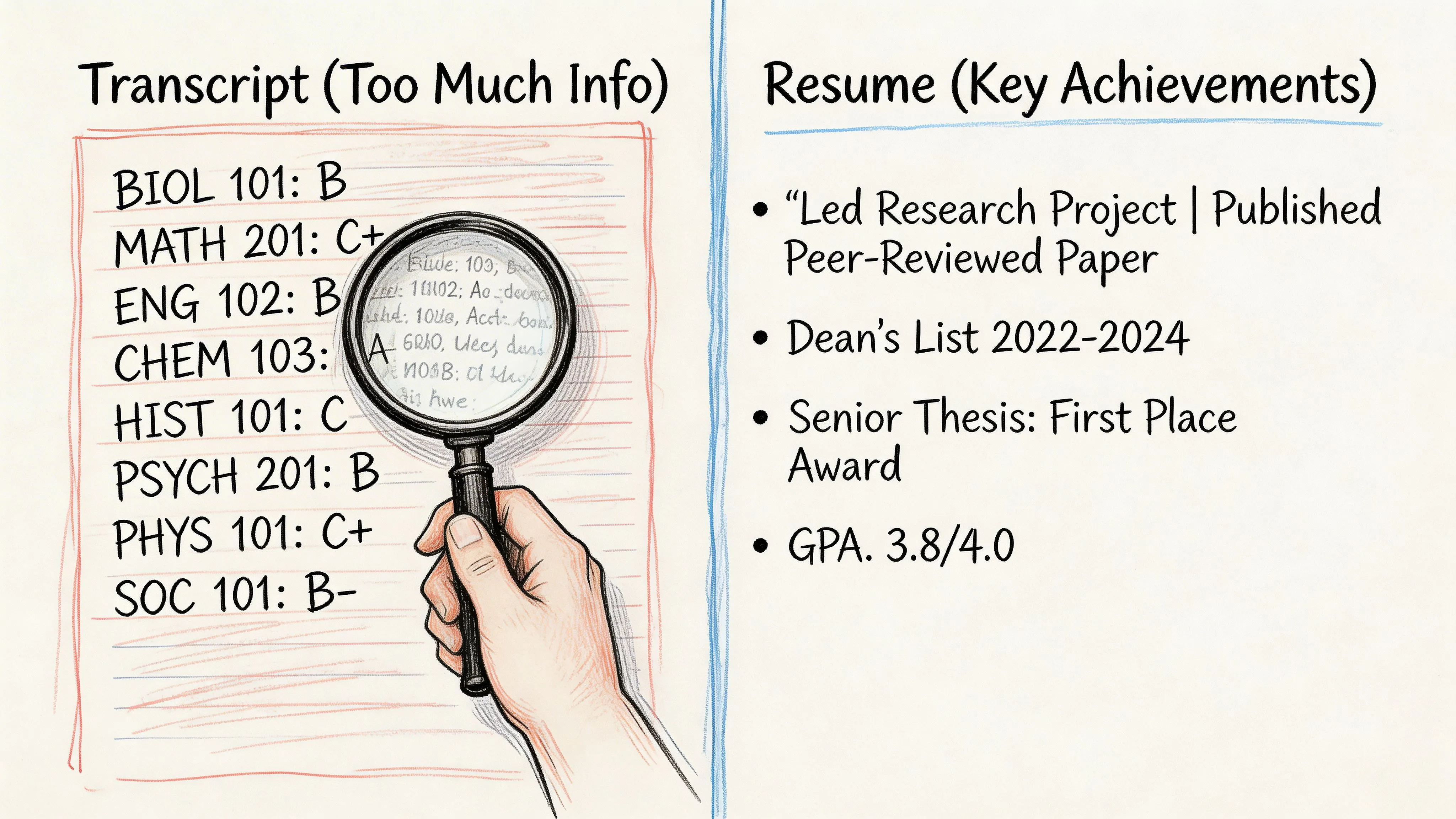 A split image comparing a detailed academic transcript with a simplified resume highlighting key achievements.