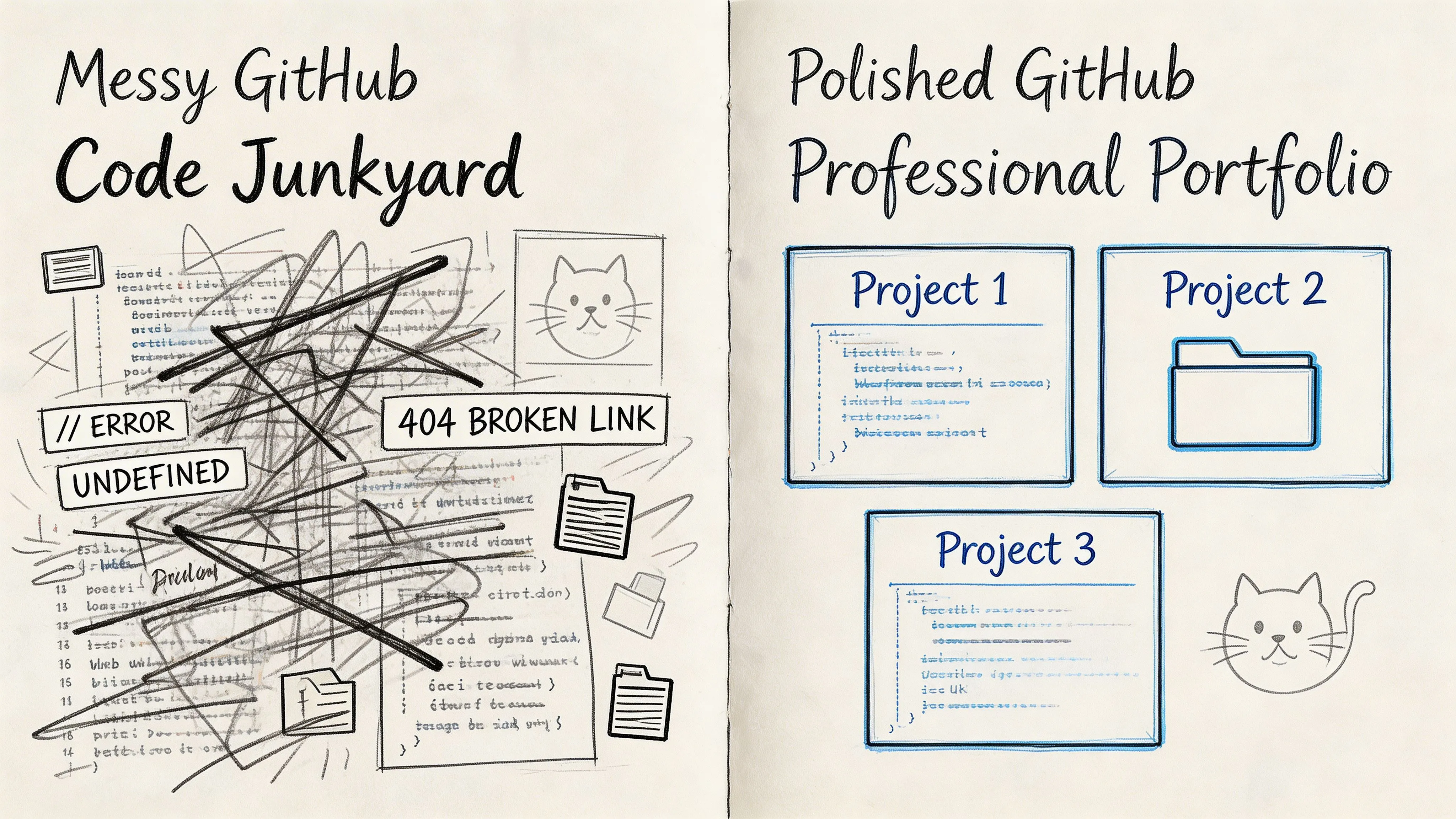 A hand-drawn comparison between a messy, disorganized coding repository and a clean, professional software developer portfolio.