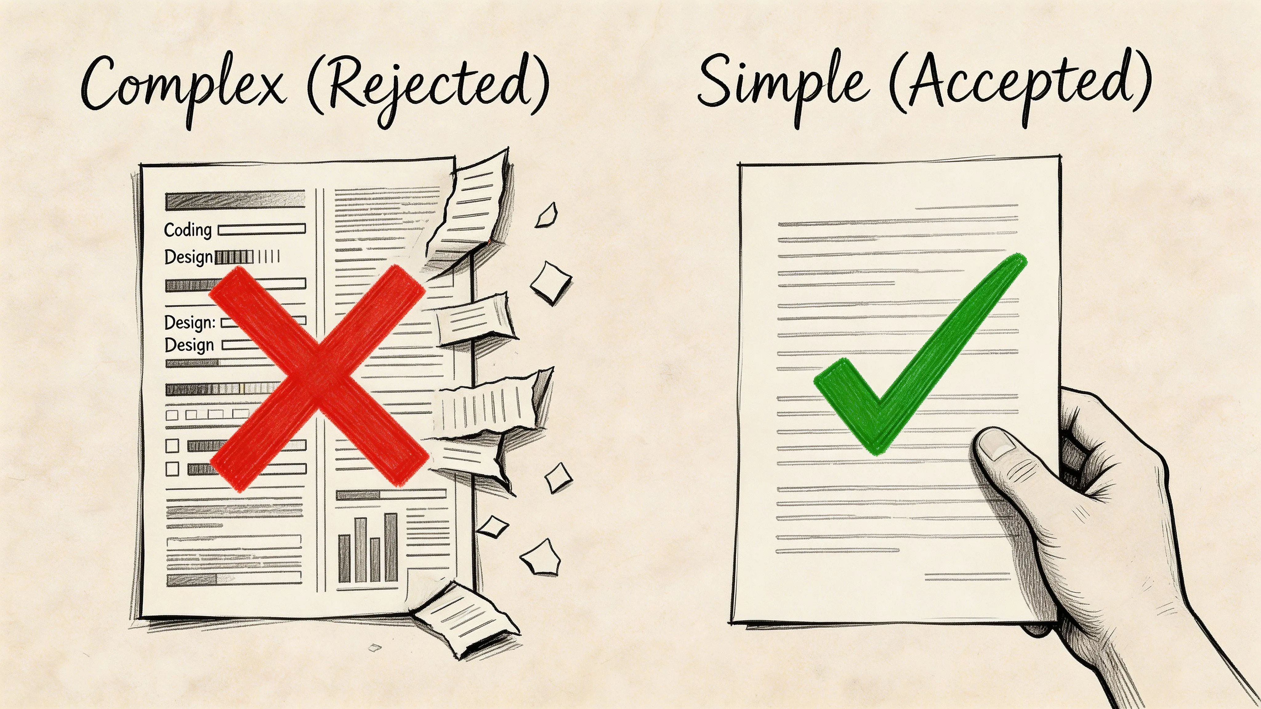 A conceptual comparison between a cluttered, complex resume that is rejected and a simple, clean resume that is accepted.