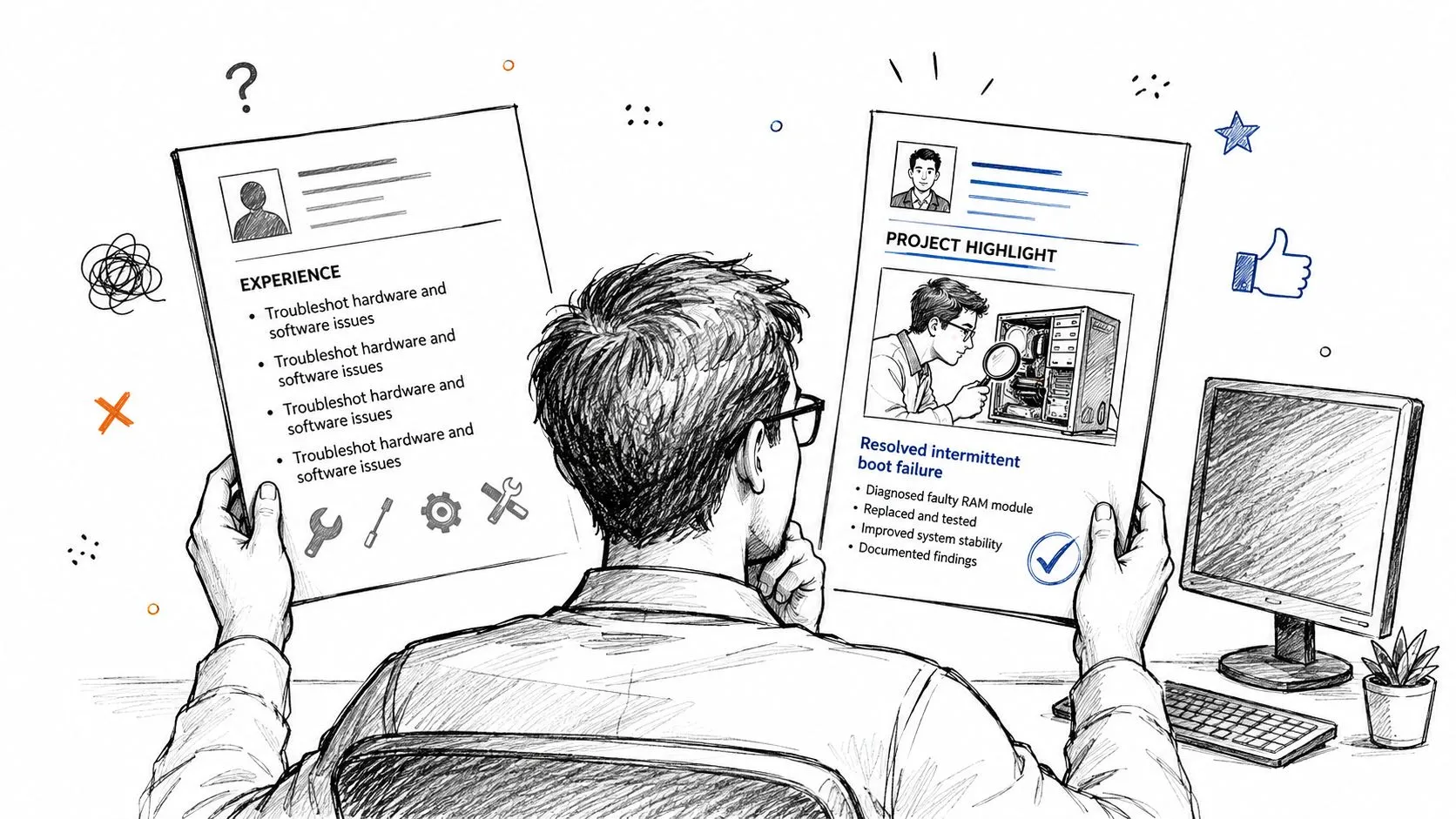 A person sitting at a desk reviewing two different resume documents featuring computer technician experience and skills.