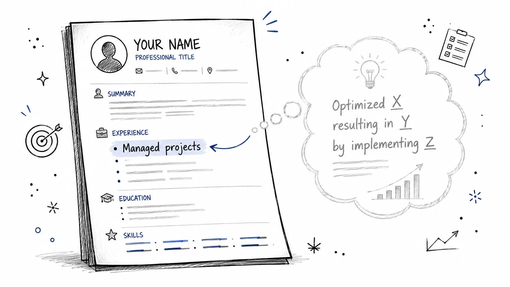 A hand-drawn illustration showing a resume template with tips for writing impactful, achievement-based bullet points.