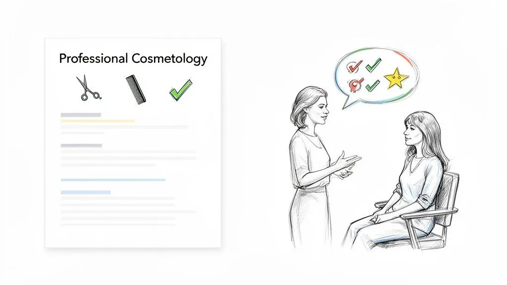 Illustration of a 'Professional Cosmetology' document and two women discussing career goals or a lesson.