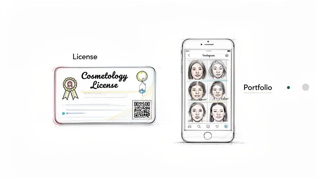 Illustration of a cosmetology license and a smartphone displaying a portfolio of beauty work on Instagram.