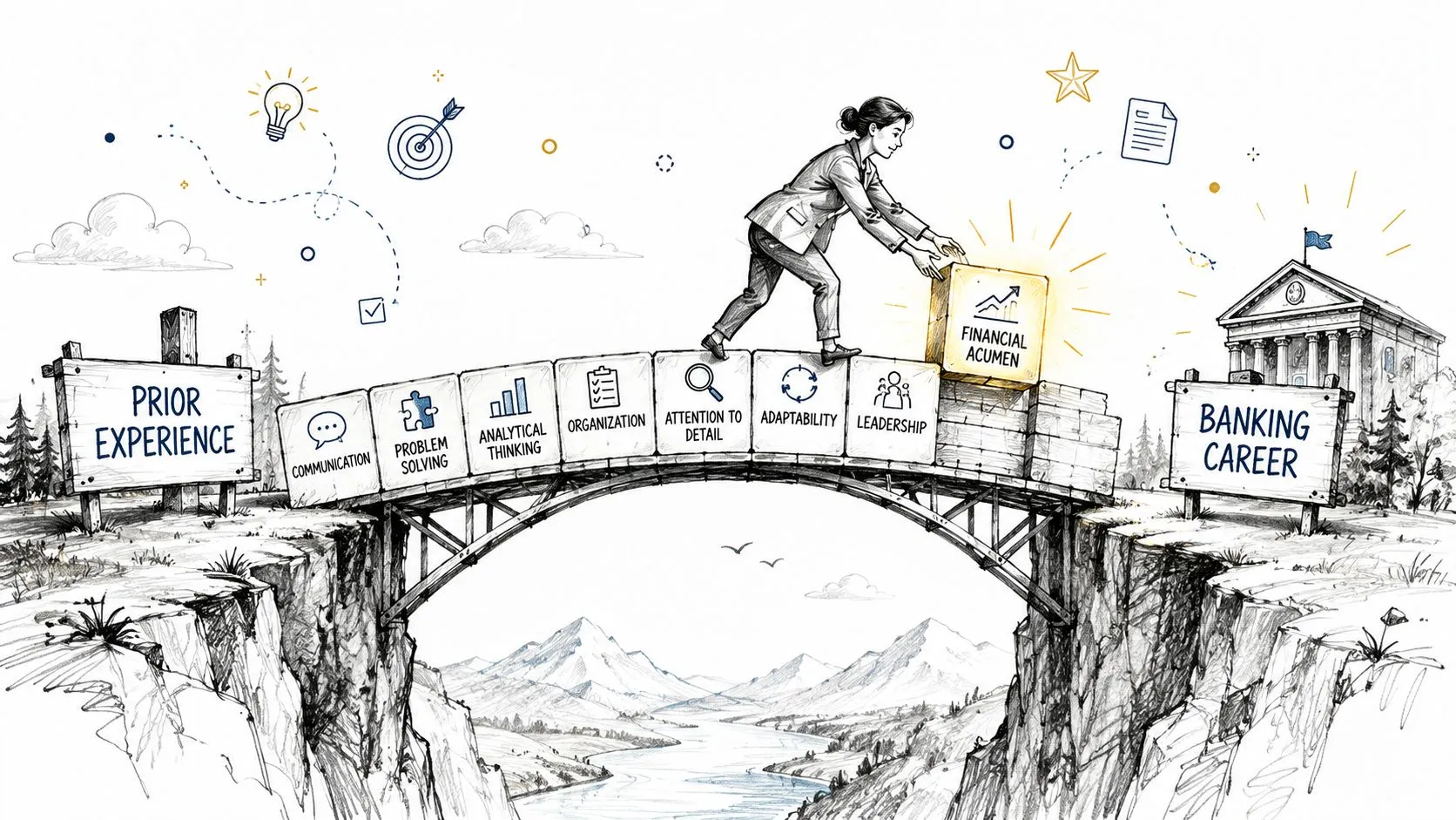 A professional woman building a bridge of skills to transition from prior experience to a banking career.
