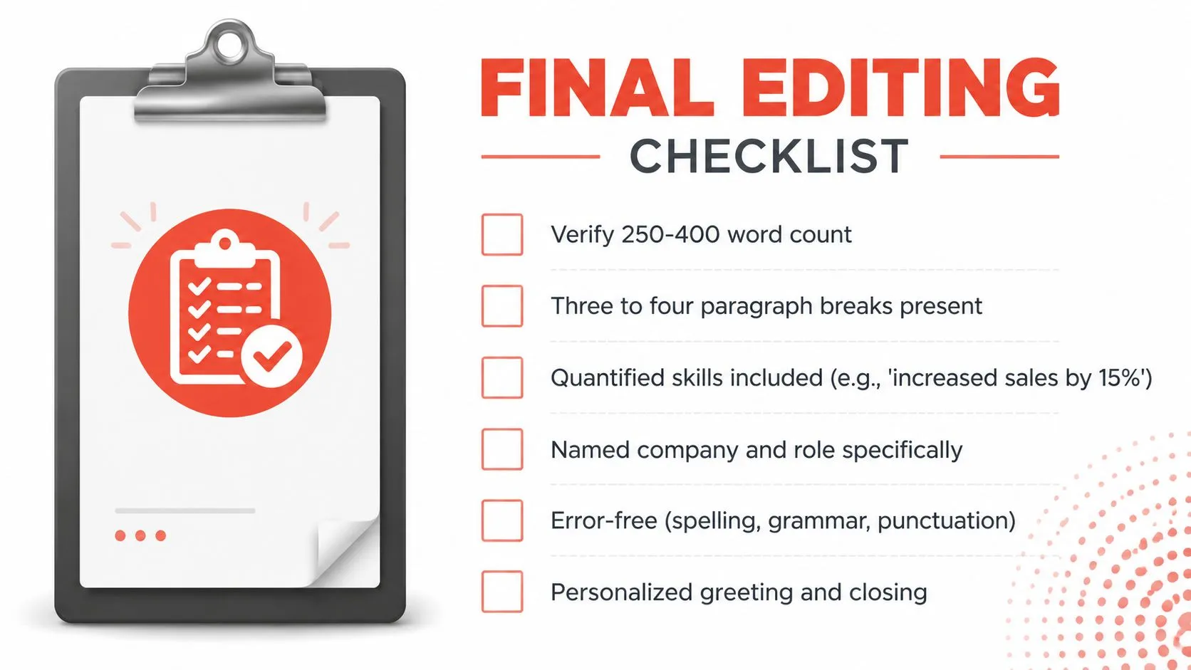 A checklist for final editing of a cover letter on a clipboard with six important steps.