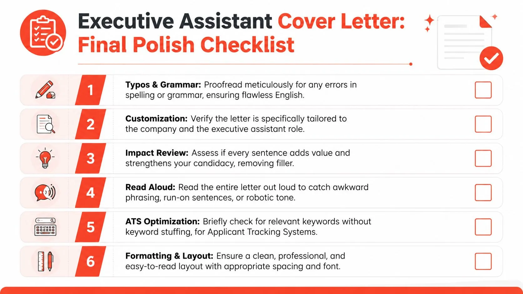 A checklist for polishing an executive assistant cover letter with six essential steps for job applicants.
