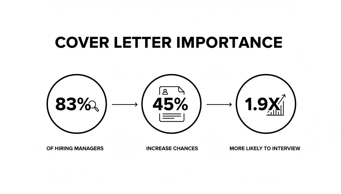 Infographic showing cover letter importance: 83% of hiring managers, 45% increased chances, 1.9x more likely to interview.